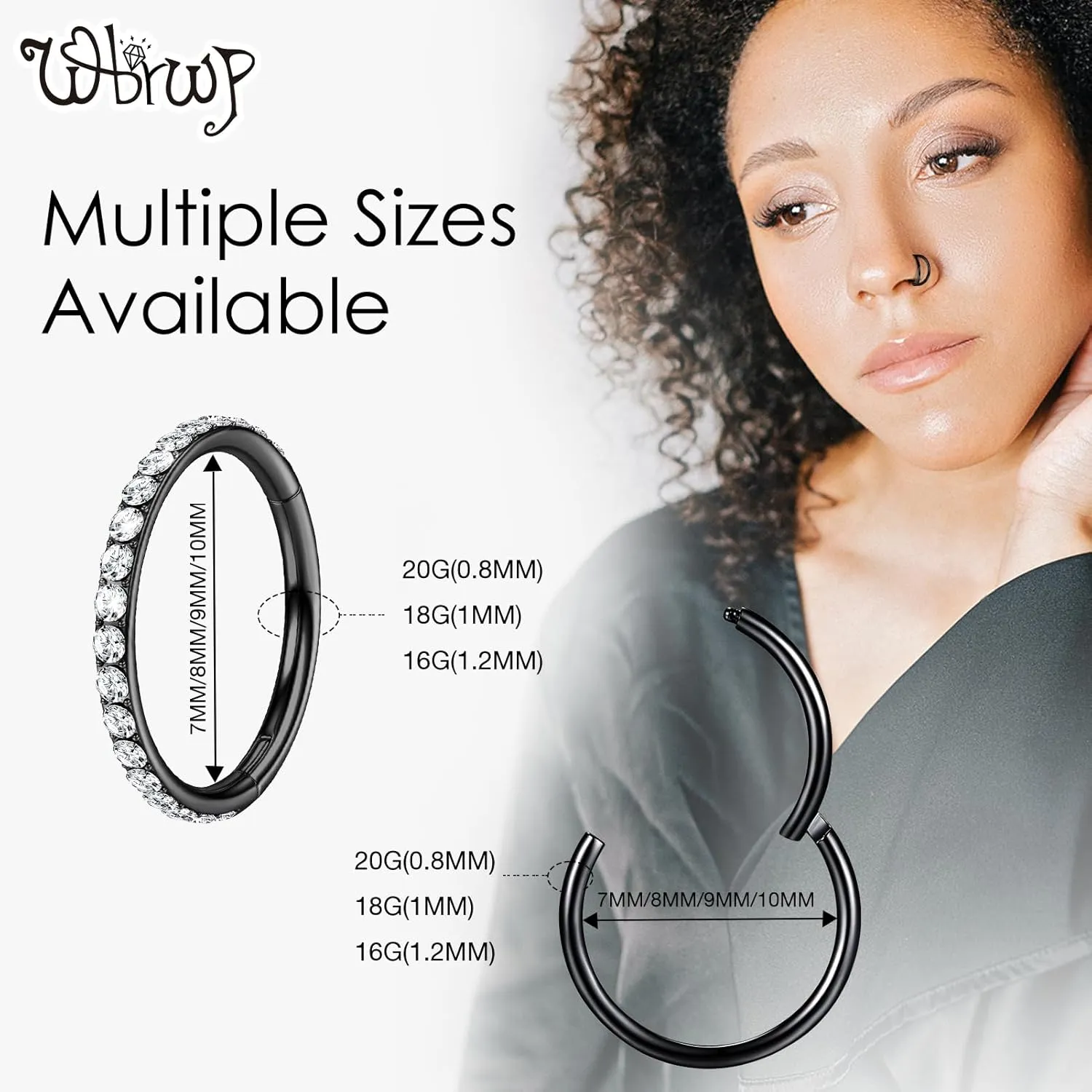WBRWP Nose Rings Hoops: 316L Surgical Steel Double Hoop Nose Rings 14G 16G 18G 20G Hinged CZ Septum Conch Clicker Lip Rings Cartilage Helix Rook Tragus Daith Earring Hoops Body Piercing Jewelry 7mm 8mm 9mm 10mm