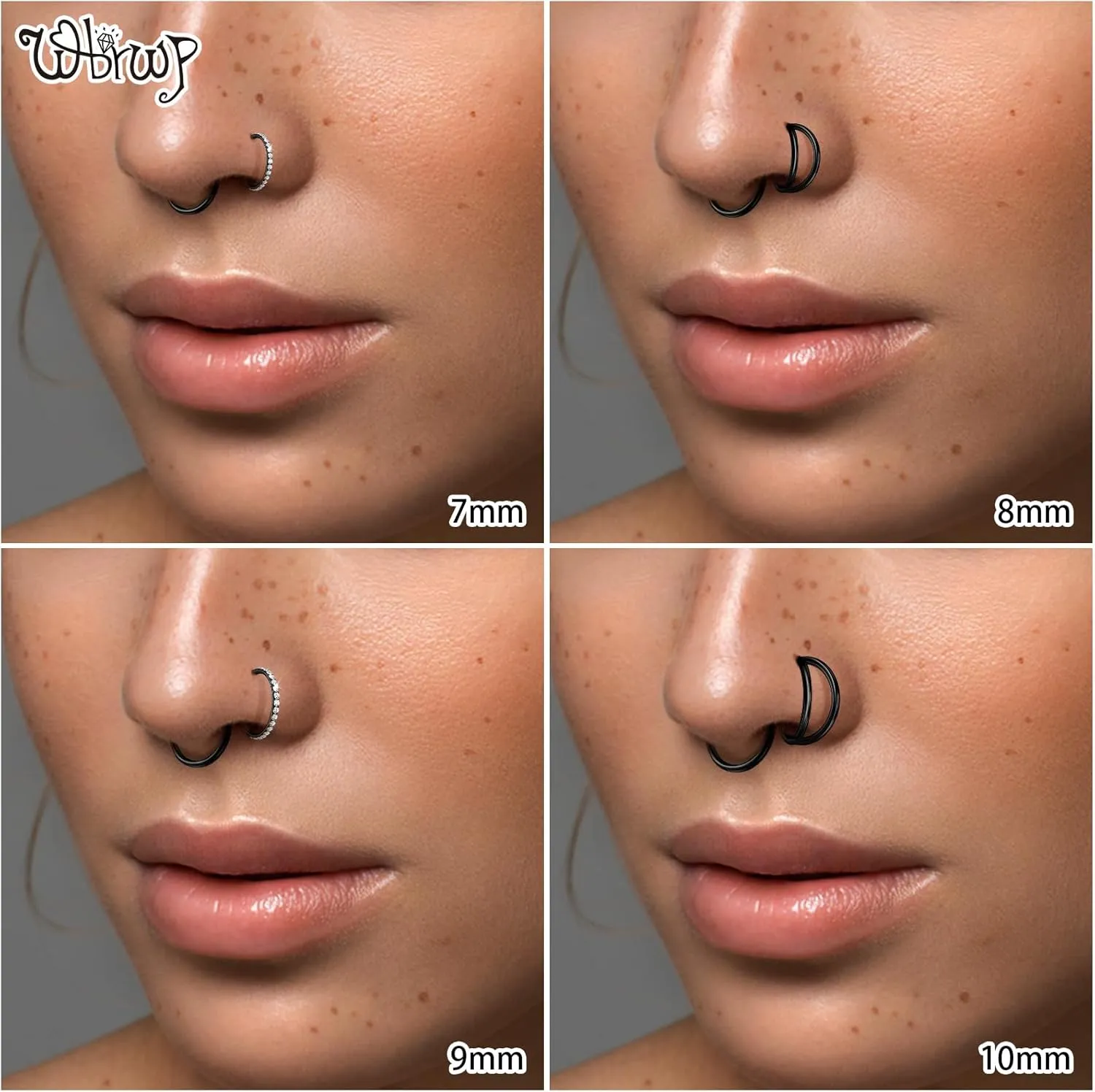 WBRWP Nose Rings Hoops: 316L Surgical Steel Double Hoop Nose Rings 14G 16G 18G 20G Hinged CZ Septum Conch Clicker Lip Rings Cartilage Helix Rook Tragus Daith Earring Hoops Body Piercing Jewelry 7mm 8mm 9mm 10mm
