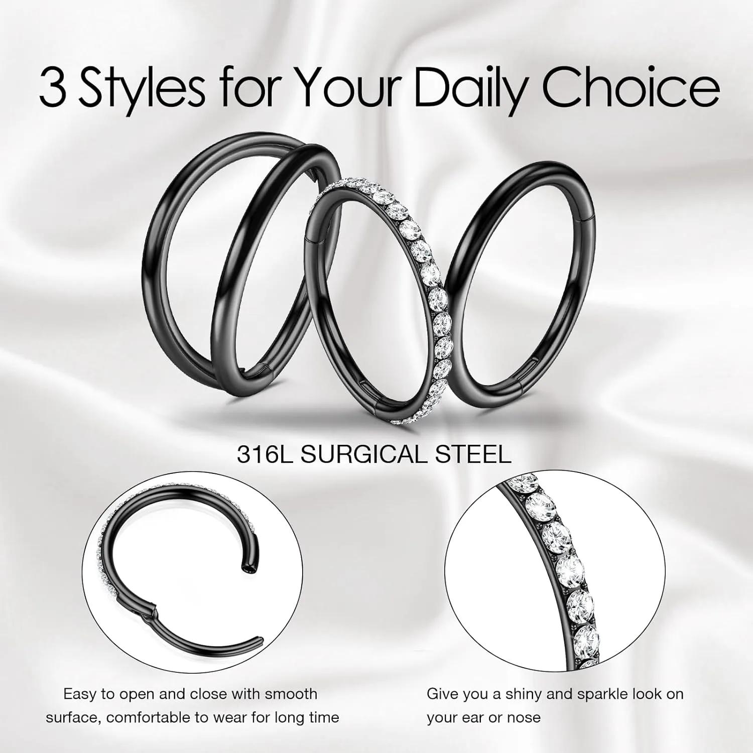 WBRWP Nose Rings Hoops: 316L Surgical Steel Double Hoop Nose Rings 14G 16G 18G 20G Hinged CZ Septum Conch Clicker Lip Rings Cartilage Helix Rook Tragus Daith Earring Hoops Body Piercing Jewelry 7mm 8mm 9mm 10mm