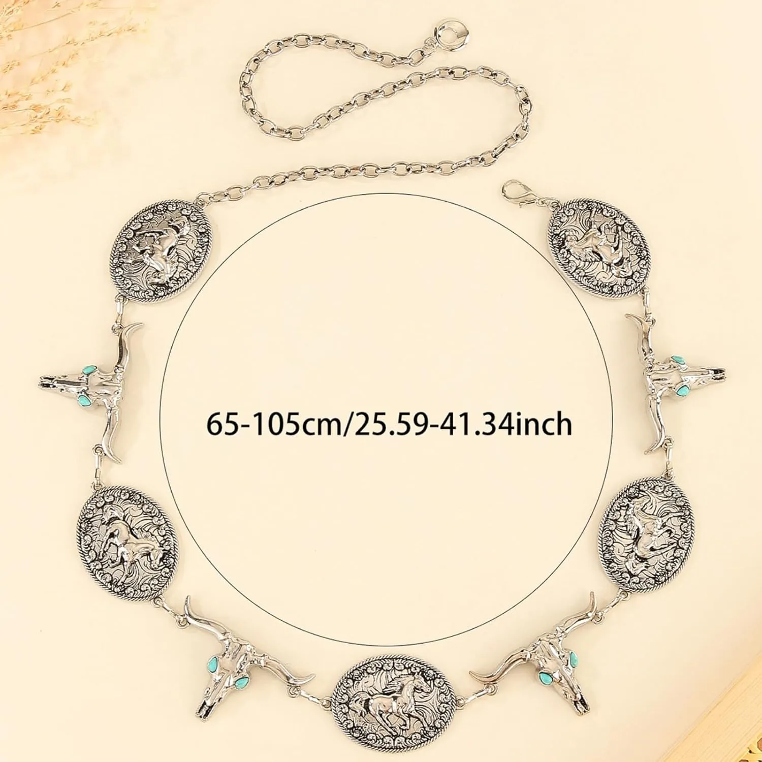 Western Style Chain Belt with Horse Medallions and Longhorn Skulls