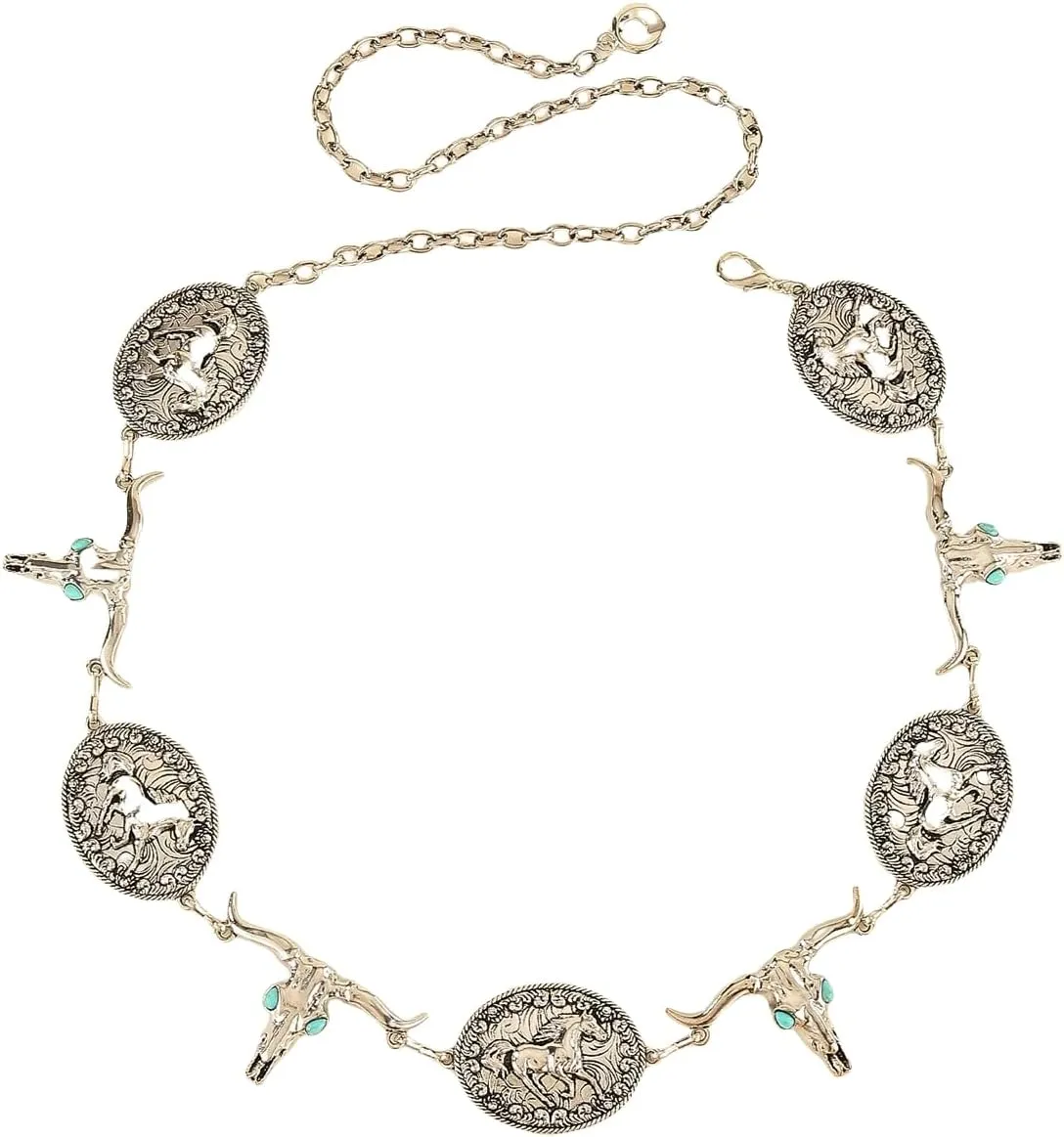 Western Style Chain Belt with Horse Medallions and Longhorn Skulls