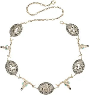 Western Style Chain Belt with Horse Medallions and Longhorn Skulls