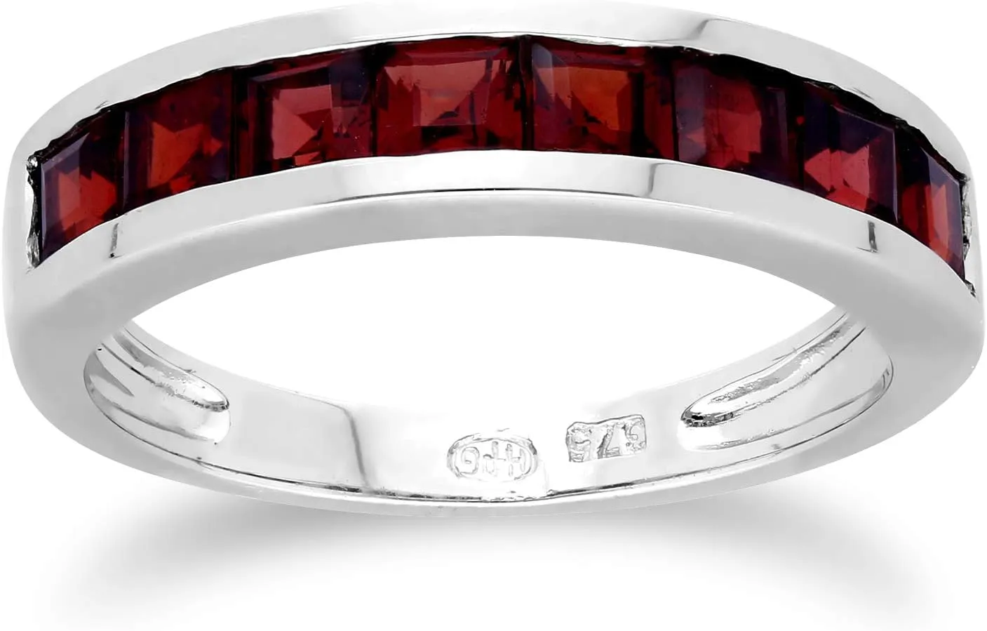 White Gold 9K Eight Square Garnet 3x3 mm Half Eternity Anniversary Ring Size 5, 6, 6.5, 6.75, and 7.5 Contemporary Design For Women January Birthstone Promise Band