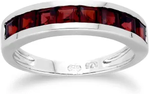 White Gold 9K Eight Square Garnet 3x3 mm Half Eternity Anniversary Ring Size 5, 6, 6.5, 6.75, and 7.5 Contemporary Design For Women January Birthstone Promise Band