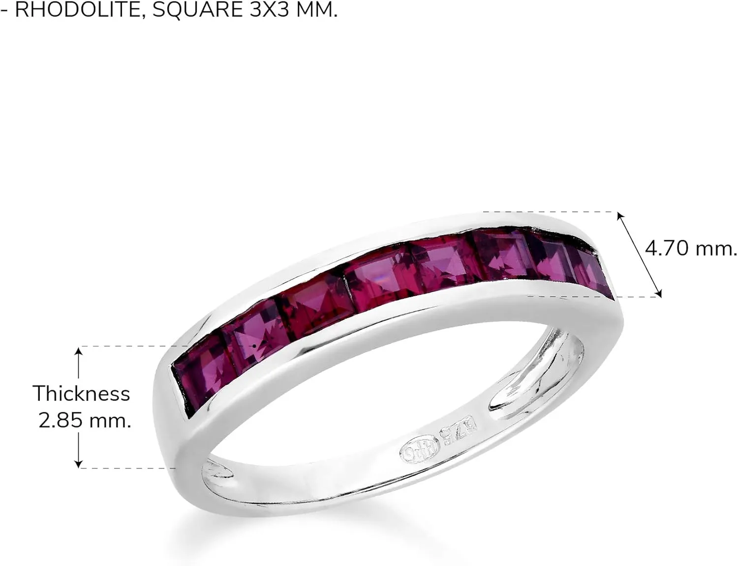 White Gold 9K Eight Square Rhodolite Garnet Half Eternity Anniversary Ring Contemporary Design for Women January Birthstone Promise Band