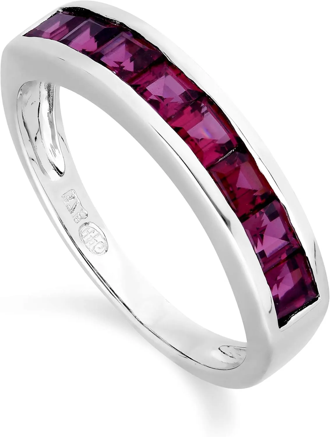 White Gold 9K Eight Square Rhodolite Garnet Half Eternity Anniversary Ring Contemporary Design for Women January Birthstone Promise Band