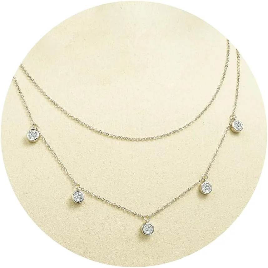 WOAINI Double Layered Necklace in Sterling Silver Bezel-set with 5 Round Moissanite Stones (0.3 Ct Each), 16" Inner and 18" Outer Chains with 2" Extender, Premium Handcrafted Jewelry Gift for Women