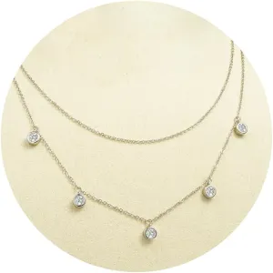 WOAINI Double Layered Necklace in Sterling Silver Bezel-set with 5 Round Moissanite Stones (0.3 Ct Each), 16" Inner and 18" Outer Chains with 2" Extender, Premium Handcrafted Jewelry Gift for Women