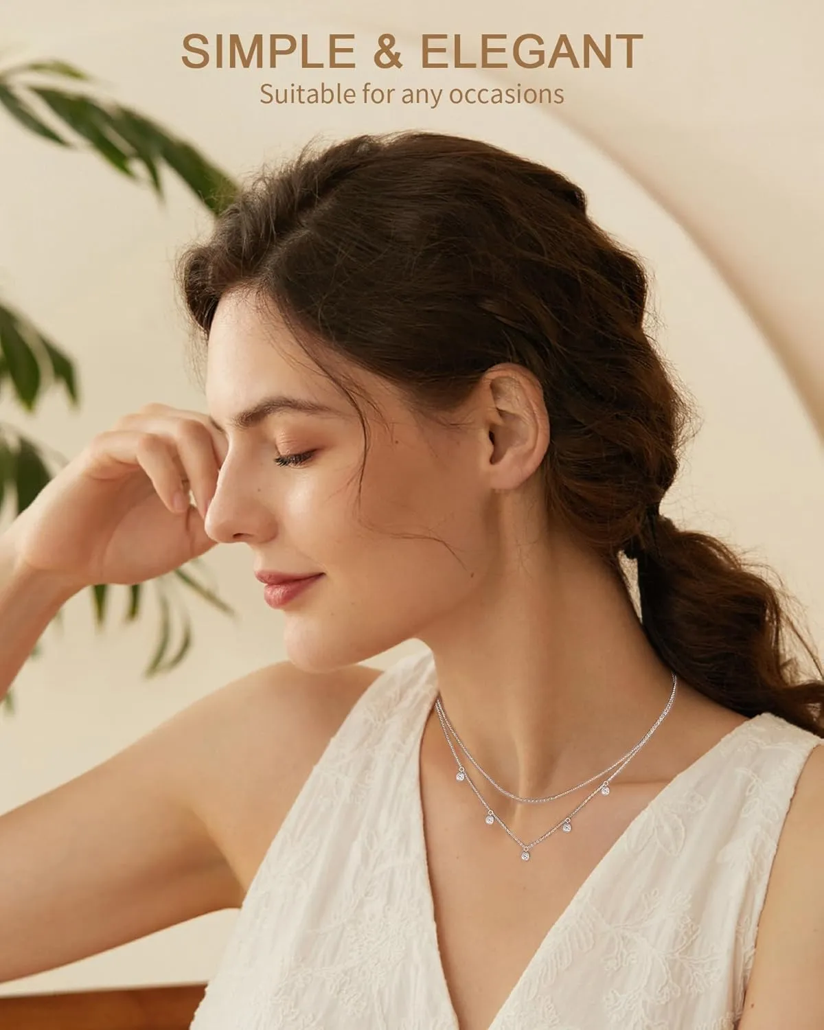 WOAINI Double Layered Necklace in Sterling Silver Bezel-set with 5 Round Moissanite Stones (0.3 Ct Each), 16" Inner and 18" Outer Chains with 2" Extender, Premium Handcrafted Jewelry Gift for Women