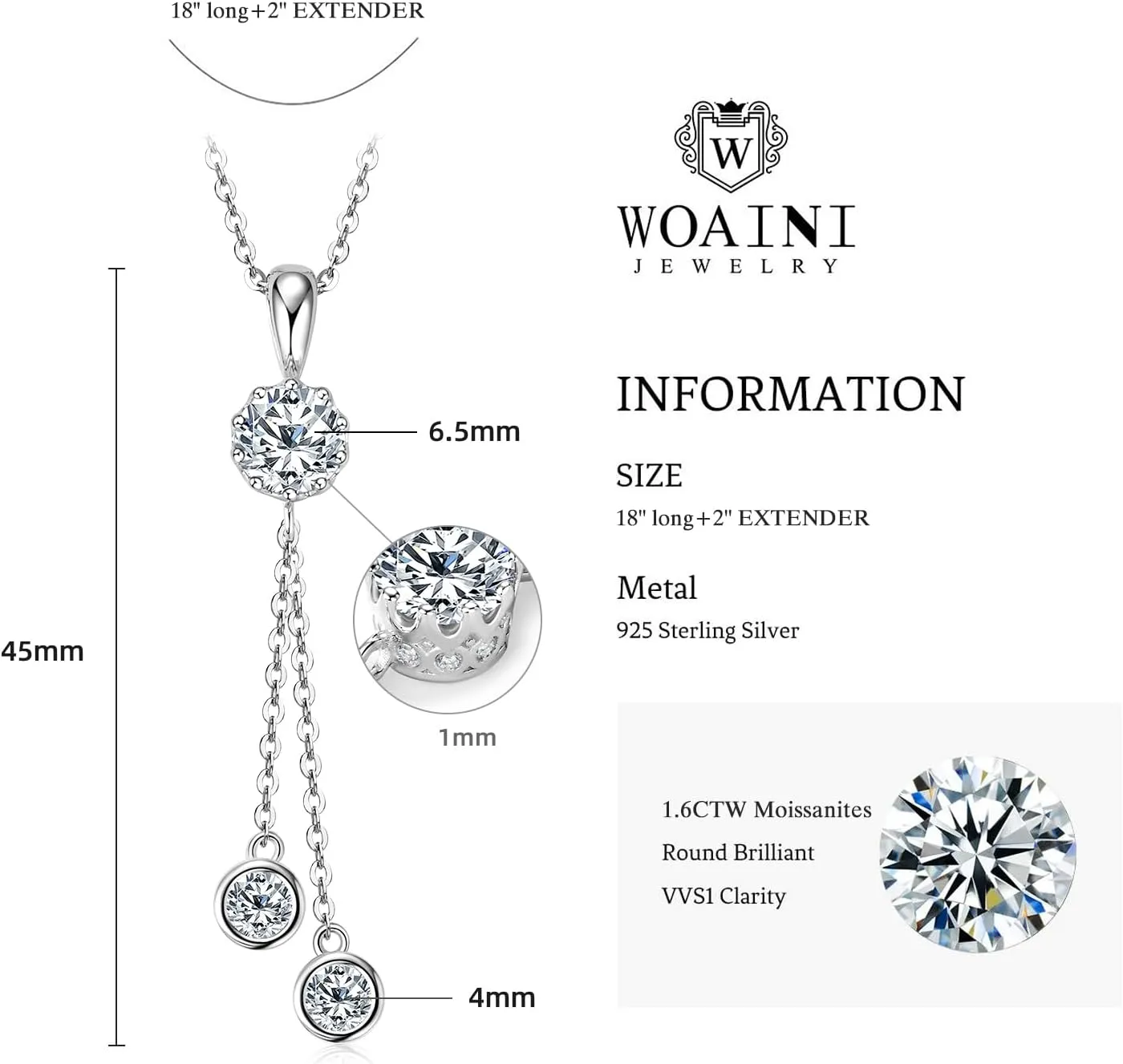 WOAINI Tassel Drop Necklace in 925 Sterling Silver with Moissanite Pendant, Adjustable Moissanite Pendant Necklaces for Women, 18" 2" Chain, Handcrafted Elegant Jewelry Gifts