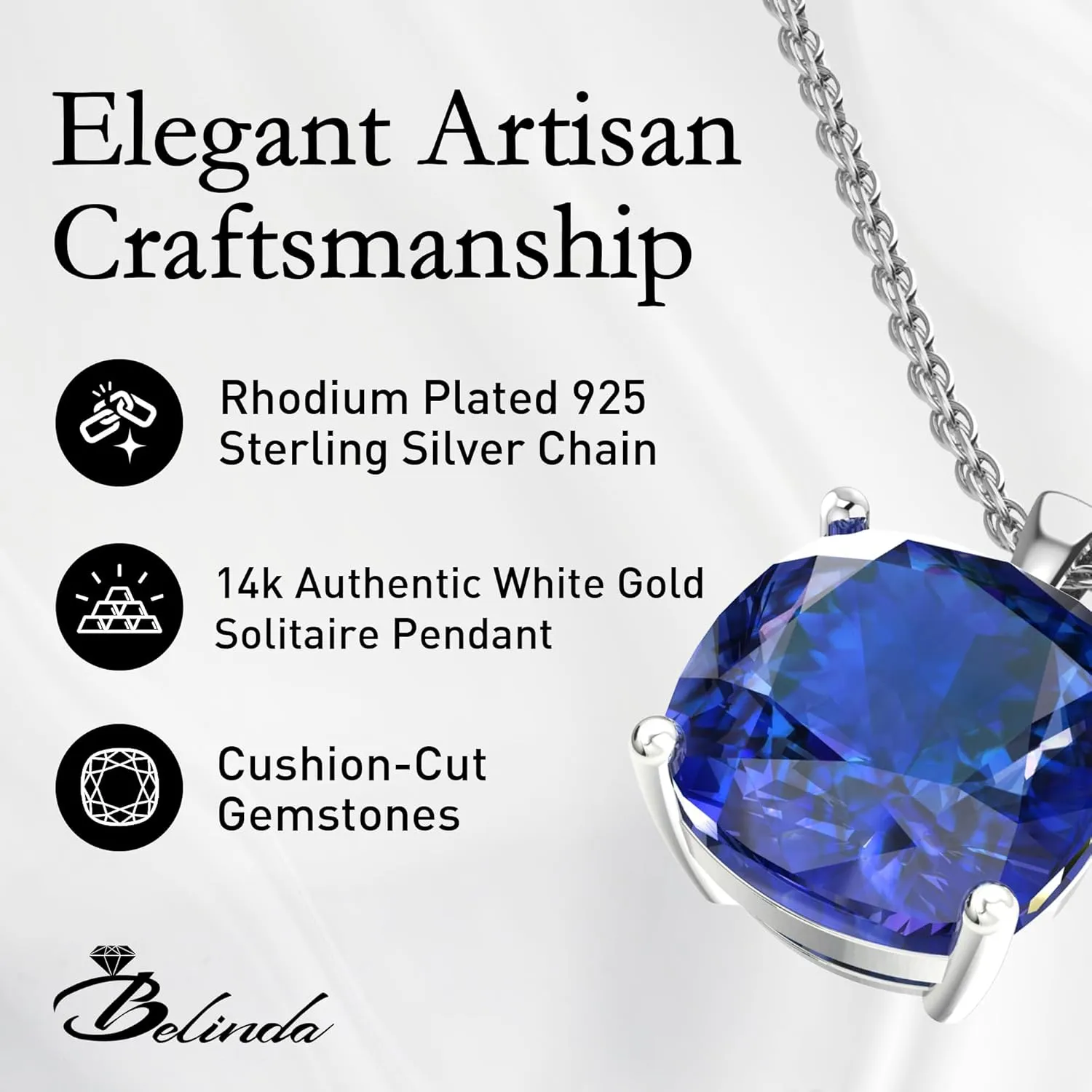 Women's 14k White Yellow Gold Necklace Birthstone Fine Jewelry Hanging Pendant Necklaces Sparkling Prong Sterling Silver Chain with Cushion Shape Gemstone Jewelry Gift