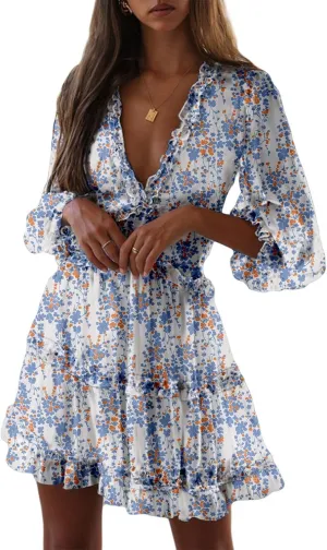 Womens 2025 Spring Summer Deep V Neck Long Sleeve Backless Ruffle Floral Flowy Mini Dress