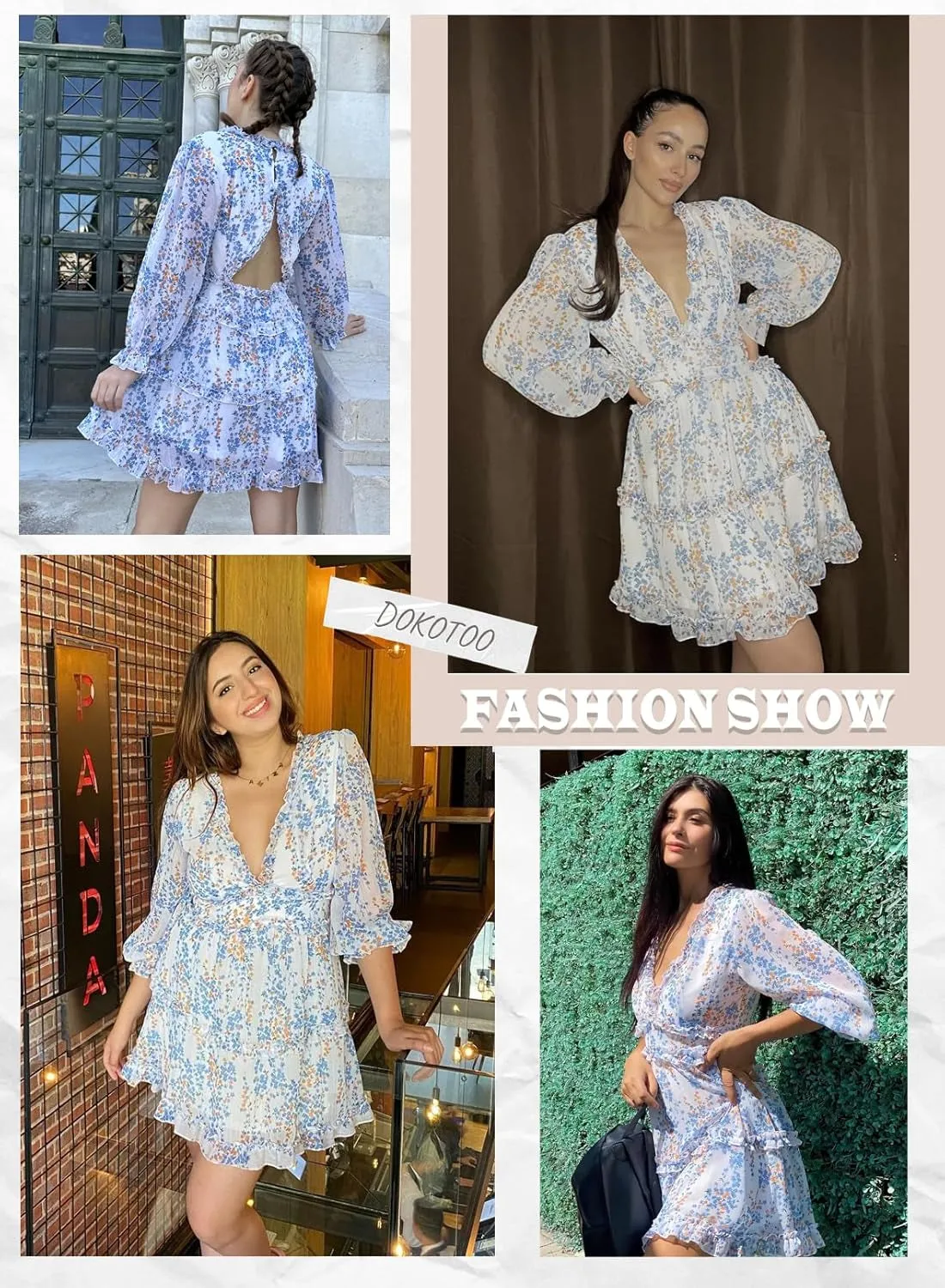 Womens 2025 Spring Summer Deep V Neck Long Sleeve Backless Ruffle Floral Flowy Mini Dress