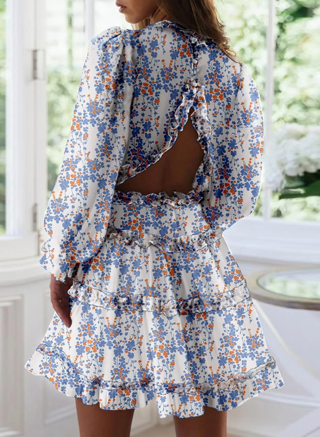 Womens 2025 Spring Summer Deep V Neck Long Sleeve Backless Ruffle Floral Flowy Mini Dress