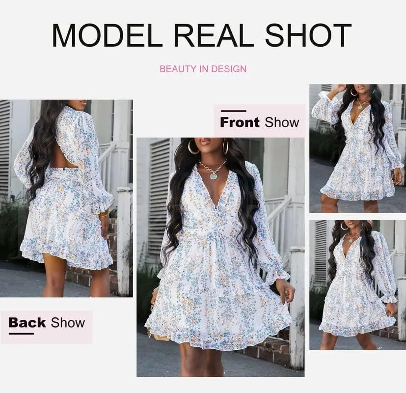 Womens 2025 Spring Summer Deep V Neck Long Sleeve Backless Ruffle Floral Flowy Mini Dress