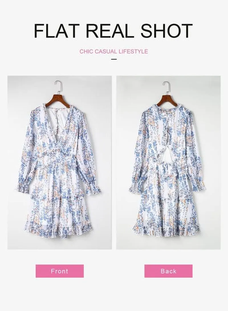 Womens 2025 Spring Summer Deep V Neck Long Sleeve Backless Ruffle Floral Flowy Mini Dress
