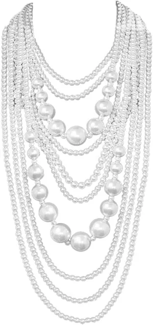 Women's Chunky Multi-Strand Faux Pearl Statement Necklace and Earrings Set
