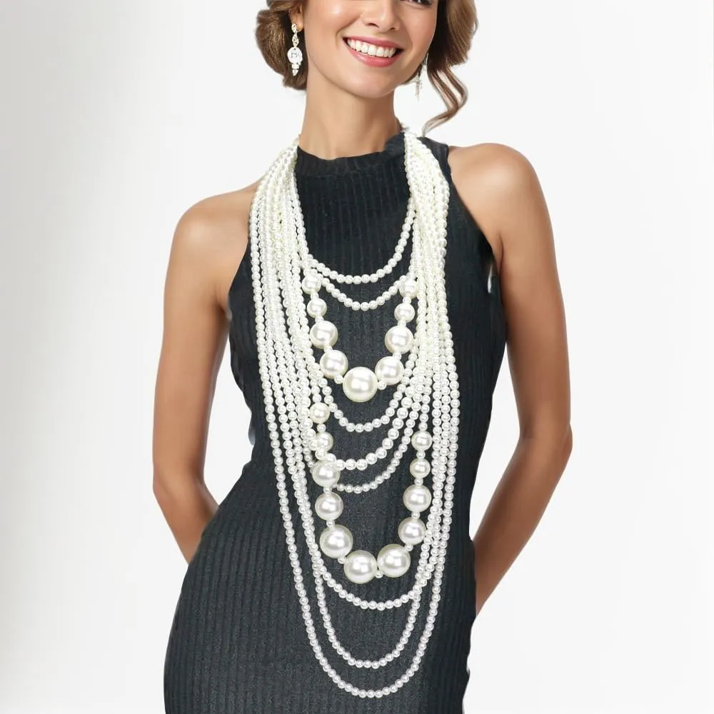 Women's Chunky Multi-Strand Faux Pearl Statement Necklace and Earrings Set