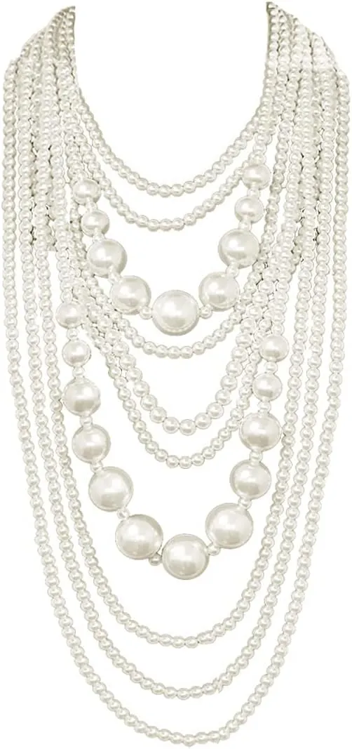 Women's Chunky Multi-Strand Faux Pearl Statement Necklace and Earrings Set