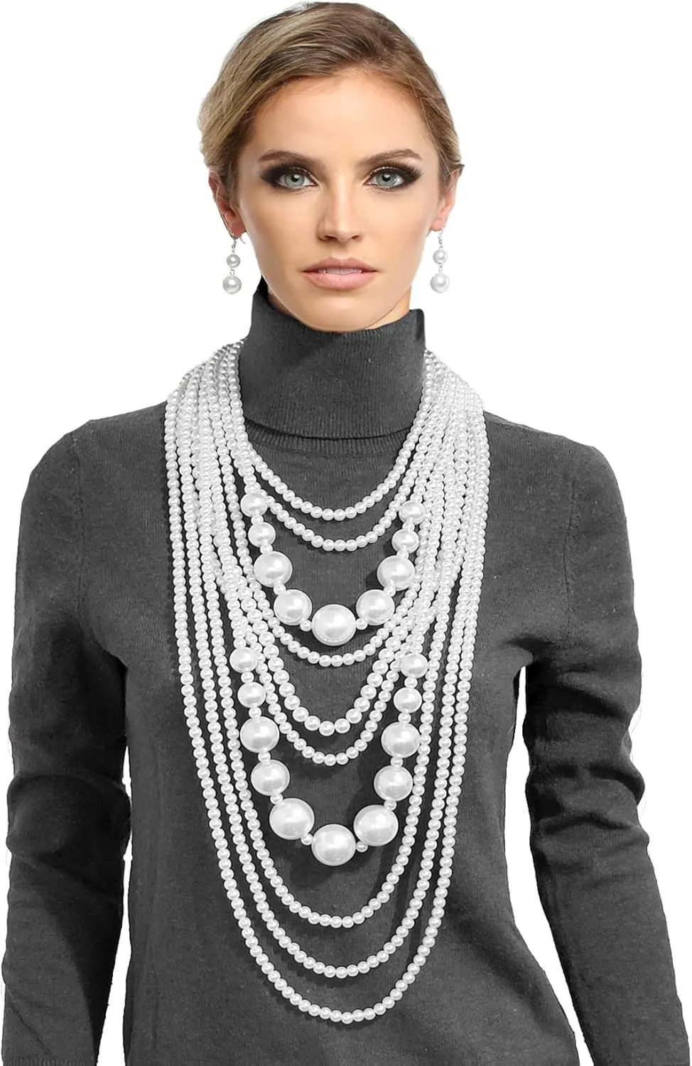 Women's Chunky Multi-Strand Faux Pearl Statement Necklace and Earrings Set