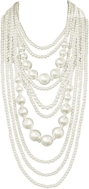 Women's Chunky Multi-Strand Faux Pearl Statement Necklace and Earrings Set