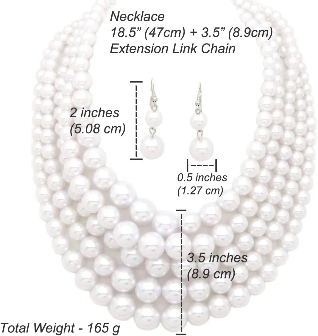 Women's Faux Pearl Five Multi-Strand Statement Necklace and Earrings Set