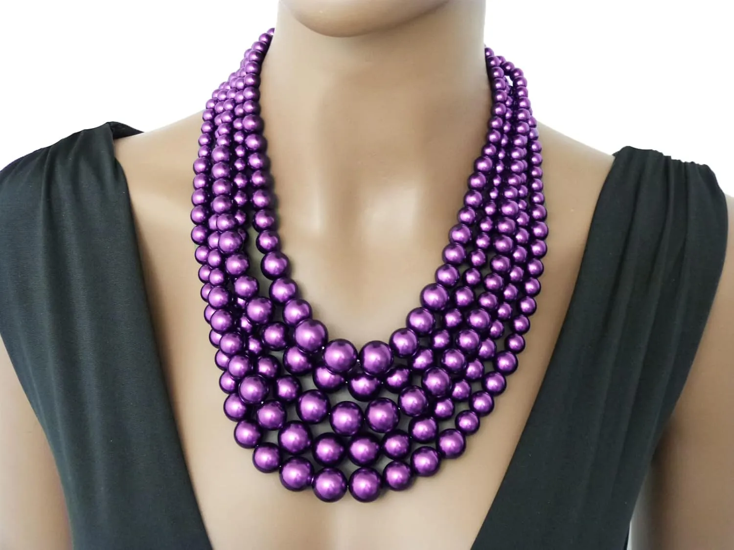 Women's Faux Pearl Five Multi-Strand Statement Necklace and Earrings Set