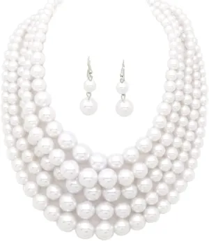 Women's Faux Pearl Five Multi-Strand Statement Necklace and Earrings Set