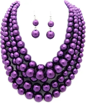 Women's Faux Pearl Five Multi-Strand Statement Necklace and Earrings Set