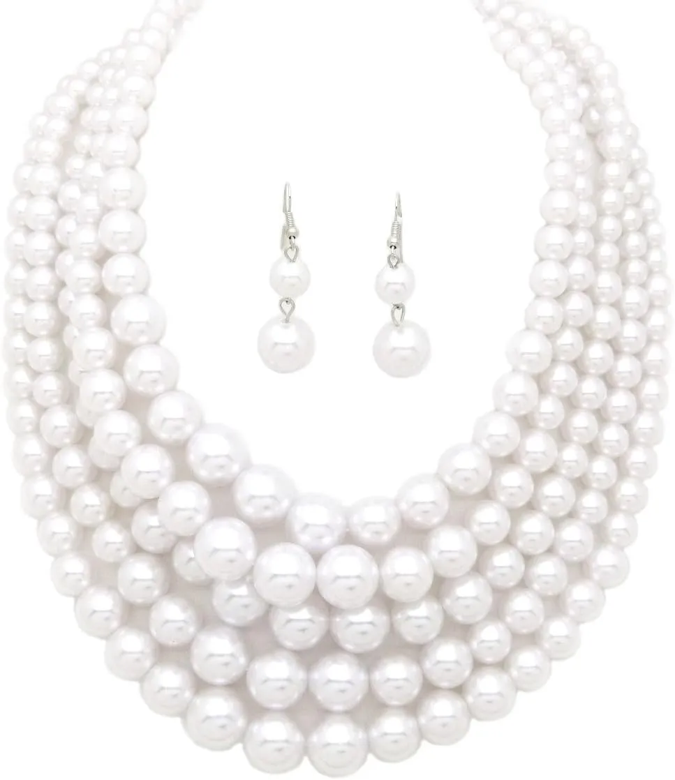 Women's Faux Pearl Five Multi-Strand Statement Necklace and Earrings Set