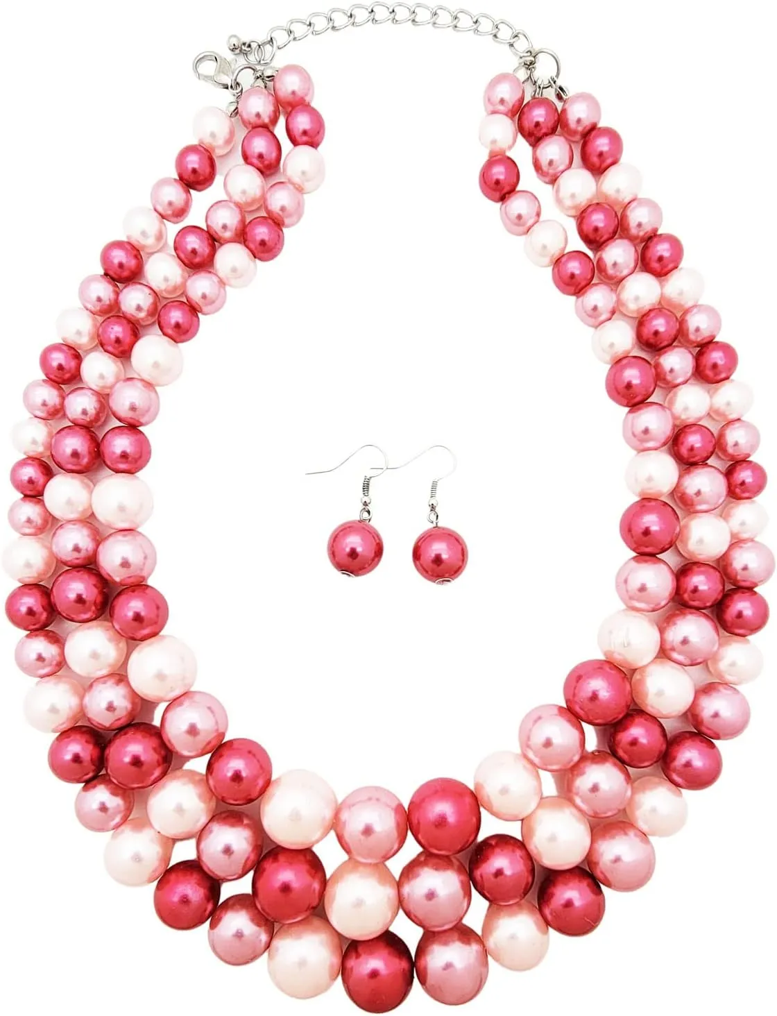 Women's Faux Pearl Three Multi-Strand Statement Necklace and Earrings Set