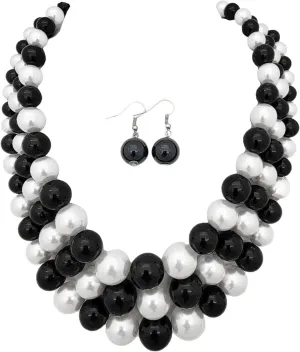 Women's Faux Pearl Three Multi-Strand Statement Necklace and Earrings Set