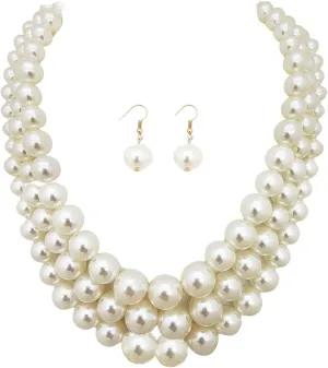 Women's Faux Pearl Three Multi-Strand Statement Necklace and Earrings Set