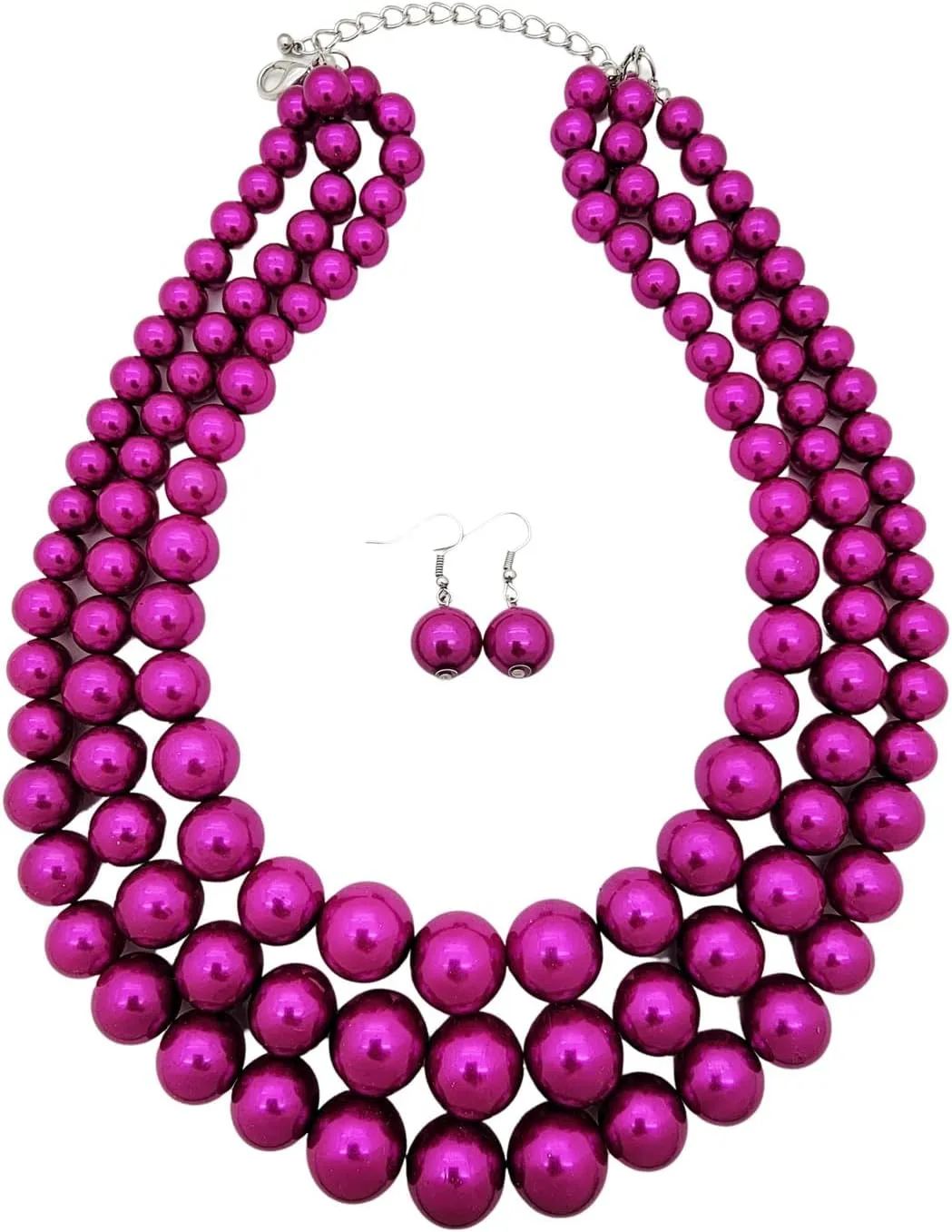 Women's Faux Pearl Three Multi-Strand Statement Necklace and Earrings Set