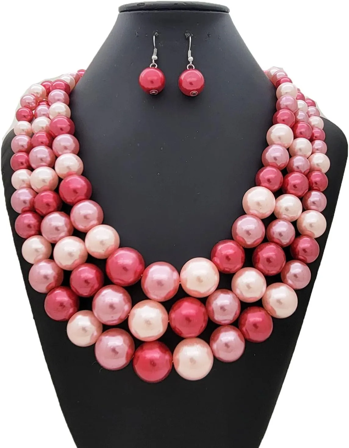 Women's Faux Pearl Three Multi-Strand Statement Necklace and Earrings Set