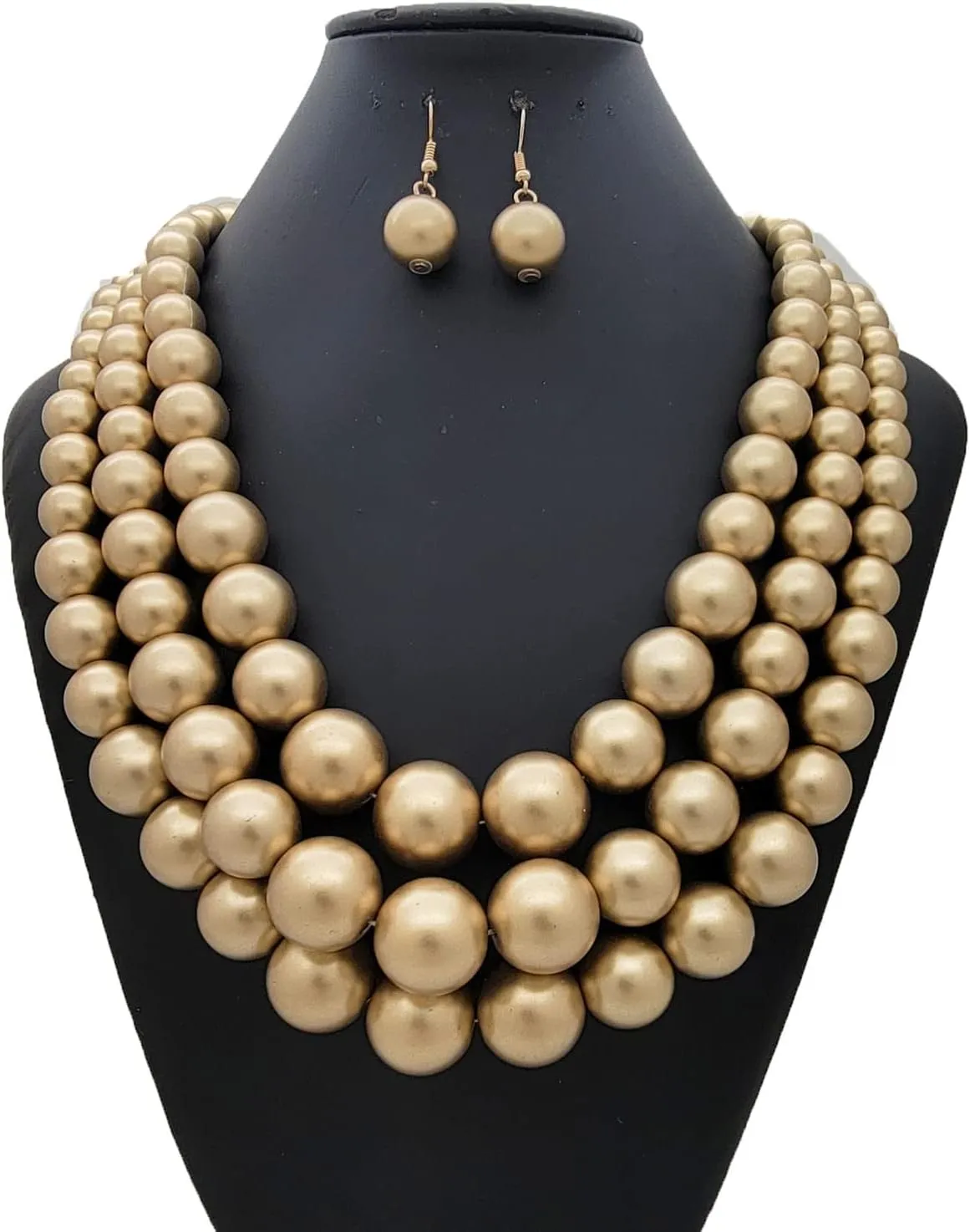 Women's Faux Pearl Three Multi-Strand Statement Necklace and Earrings Set