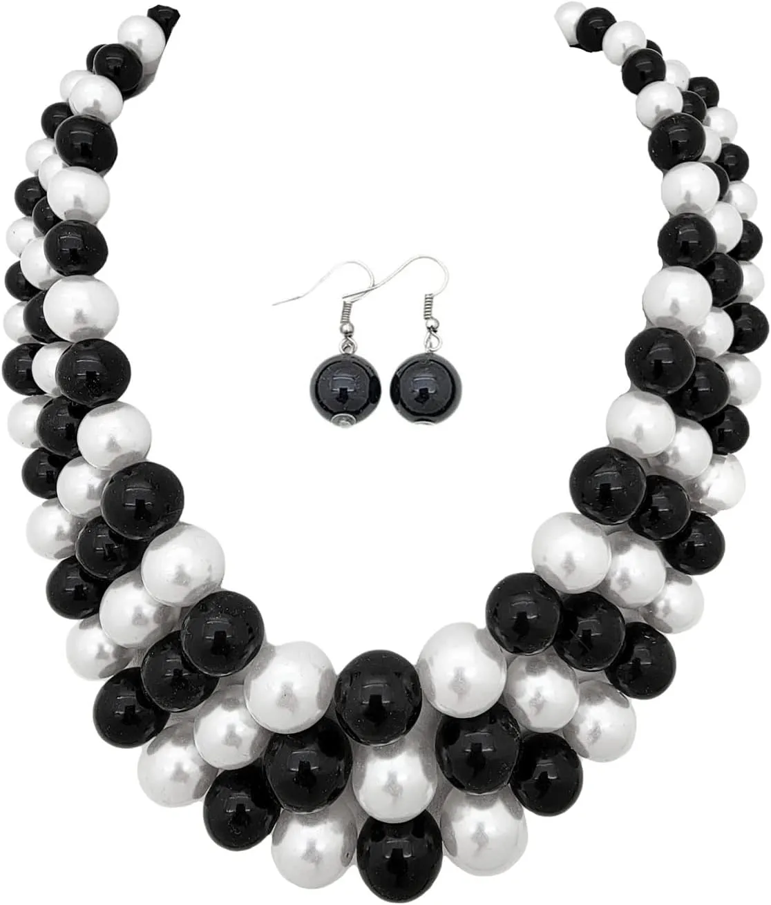 Women's Faux Pearl Three Multi-Strand Statement Necklace and Earrings Set