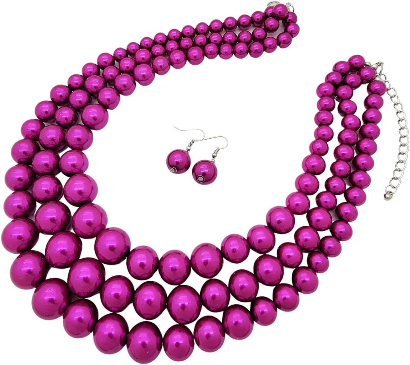 Women's Faux Pearl Three Multi-Strand Statement Necklace and Earrings Set
