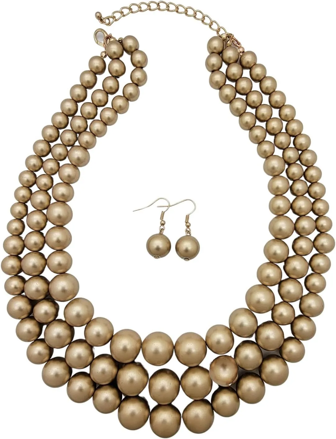 Women's Faux Pearl Three Multi-Strand Statement Necklace and Earrings Set