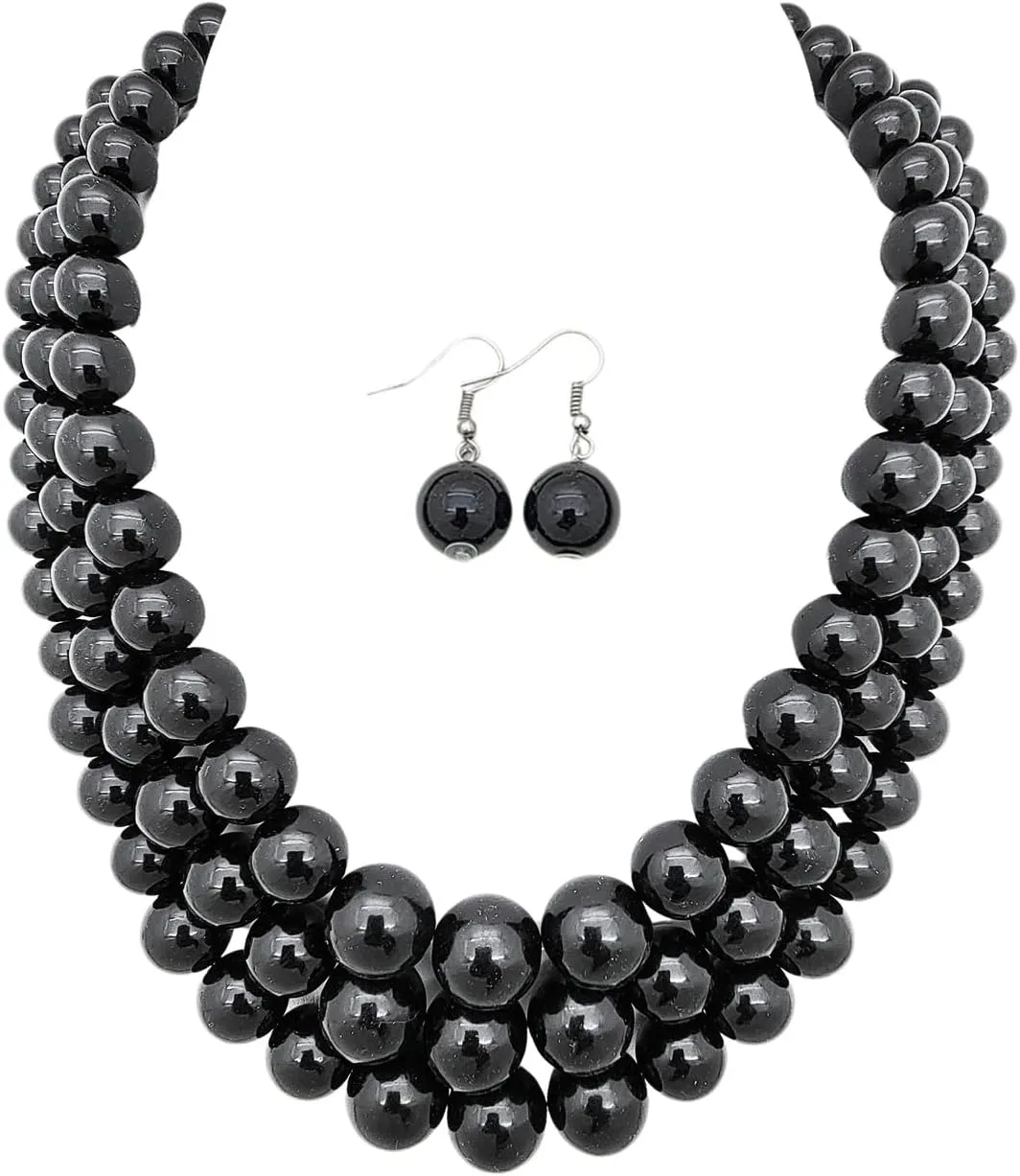 Women's Faux Pearl Three Multi-Strand Statement Necklace and Earrings Set