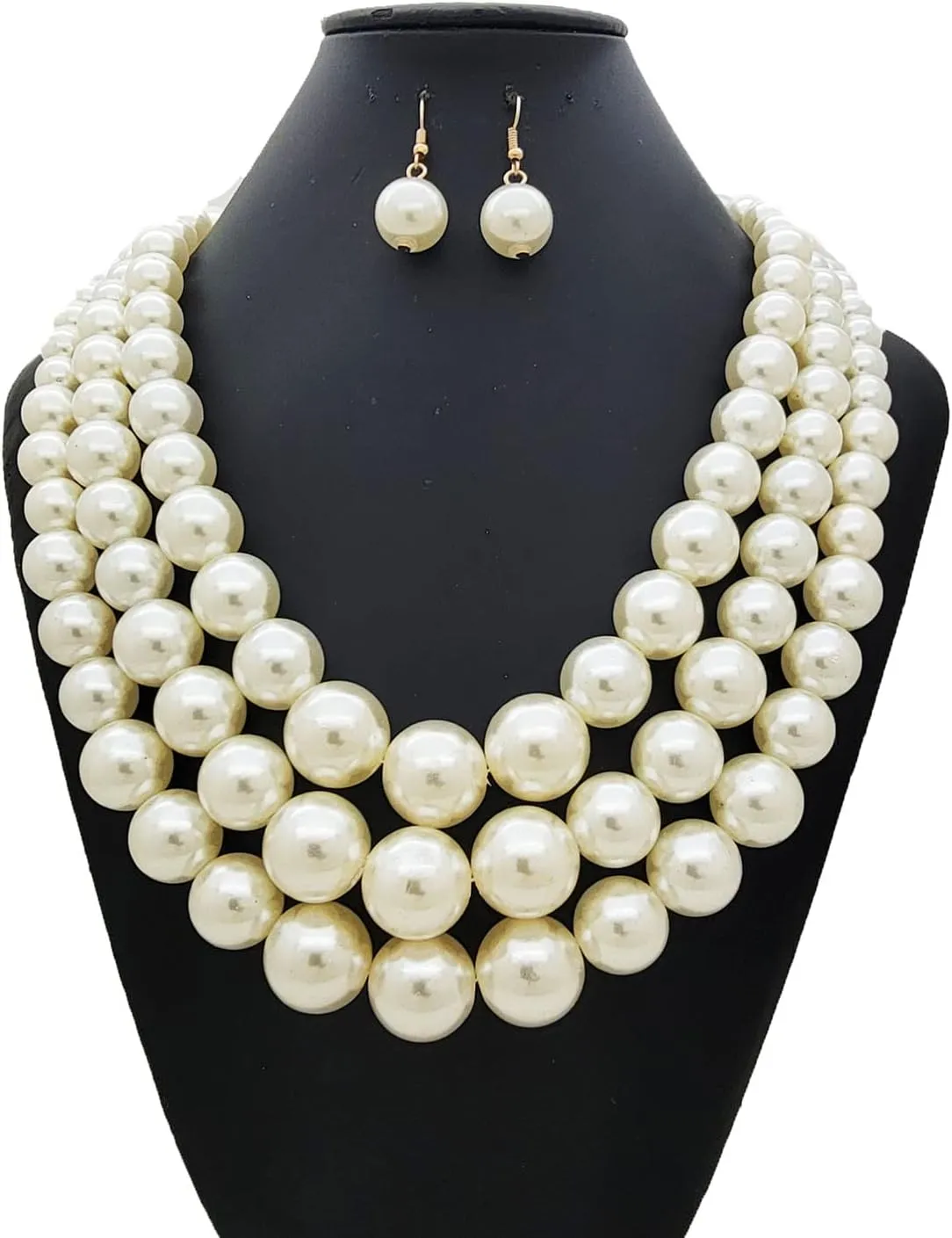 Women's Faux Pearl Three Multi-Strand Statement Necklace and Earrings Set