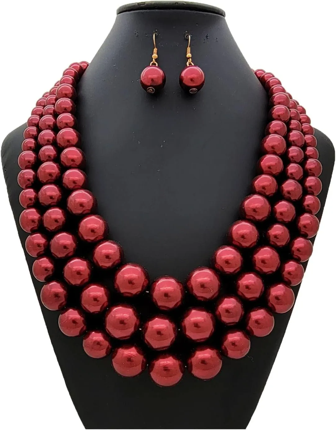 Women's Faux Pearl Three Multi-Strand Statement Necklace and Earrings Set