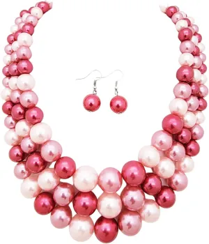Women's Faux Pearl Three Multi-Strand Statement Necklace and Earrings Set
