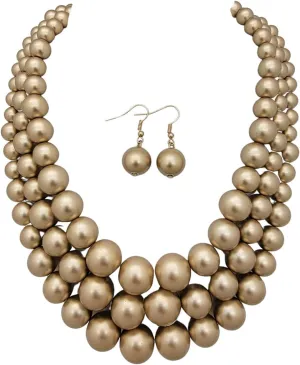 Women's Faux Pearl Three Multi-Strand Statement Necklace and Earrings Set