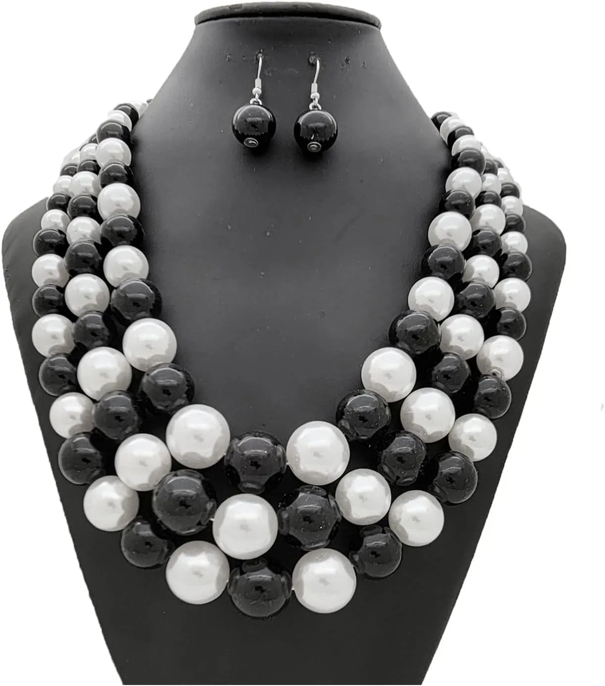 Women's Faux Pearl Three Multi-Strand Statement Necklace and Earrings Set