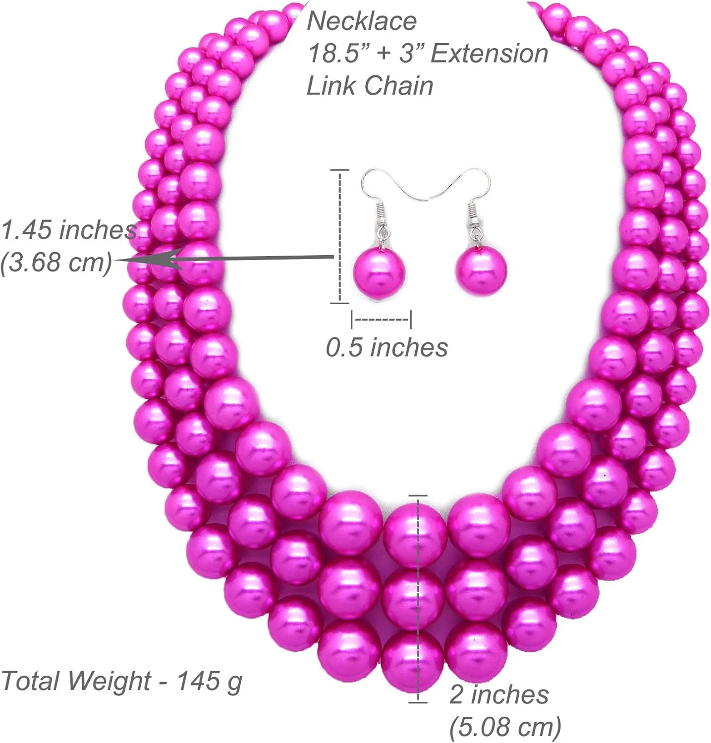 Women's Faux Pearl Three Multi-Strand Statement Necklace and Earrings Set