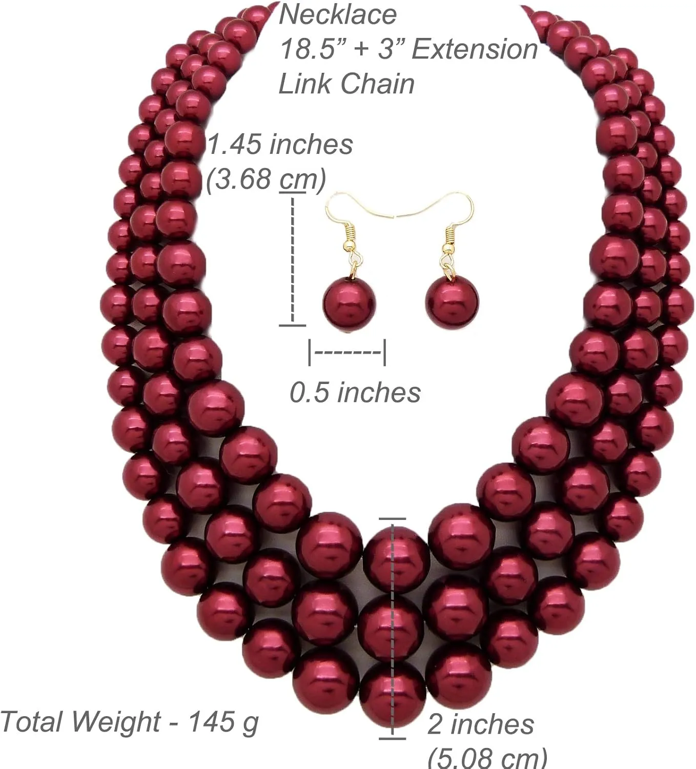 Women's Faux Pearl Three Multi-Strand Statement Necklace and Earrings Set