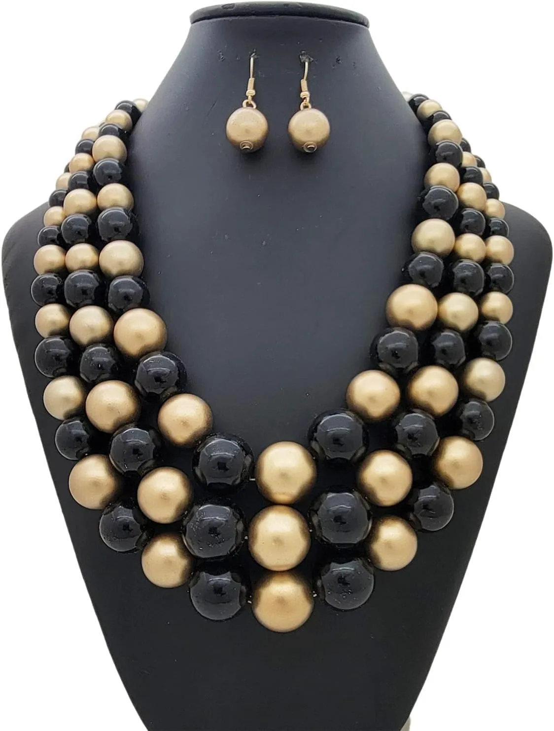 Women's Faux Pearl Three Multi-Strand Statement Necklace and Earrings Set
