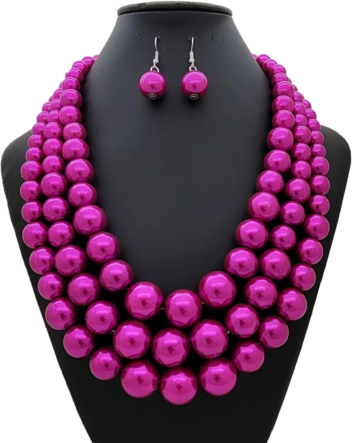 Women's Faux Pearl Three Multi-Strand Statement Necklace and Earrings Set
