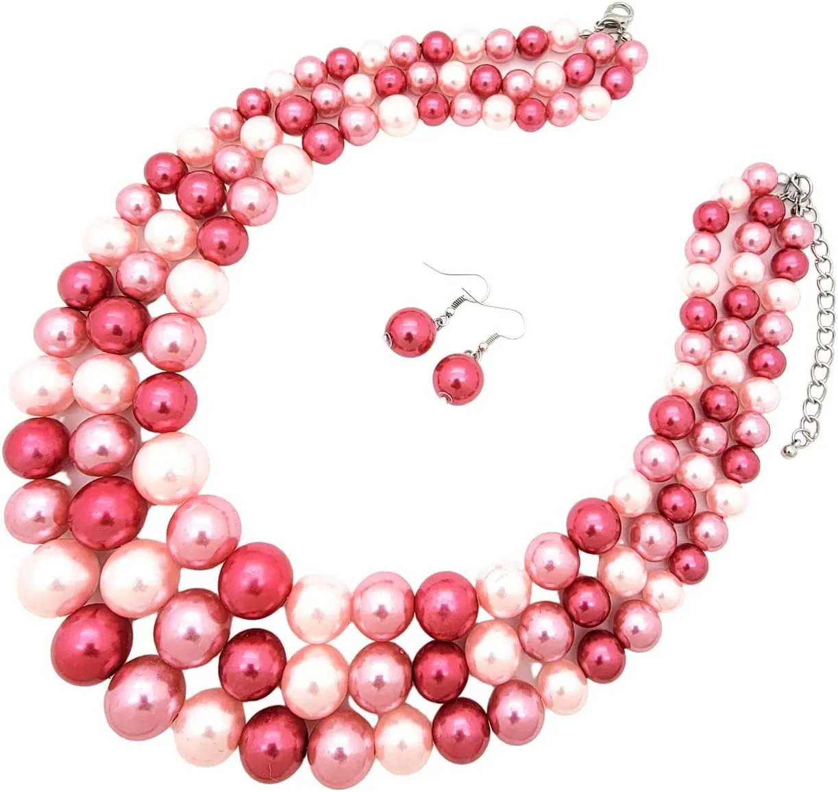 Women's Faux Pearl Three Multi-Strand Statement Necklace and Earrings Set